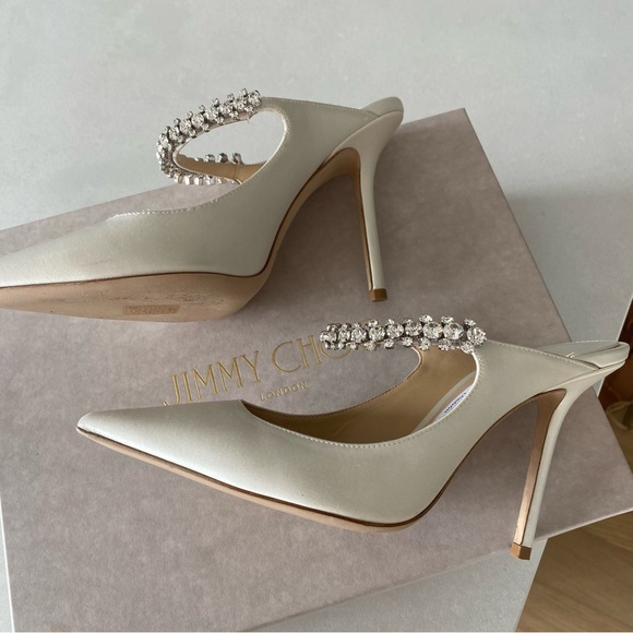 Jimmy Choo Bing 100 Embellished High Heel Mules - White Satin - Picture 7 of 14